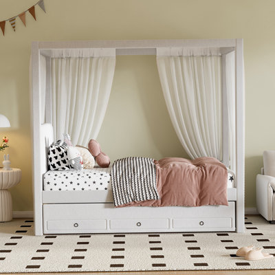 Lit à baldaquin simple avec lit gigogne et trois tiroirs de rangement, beige