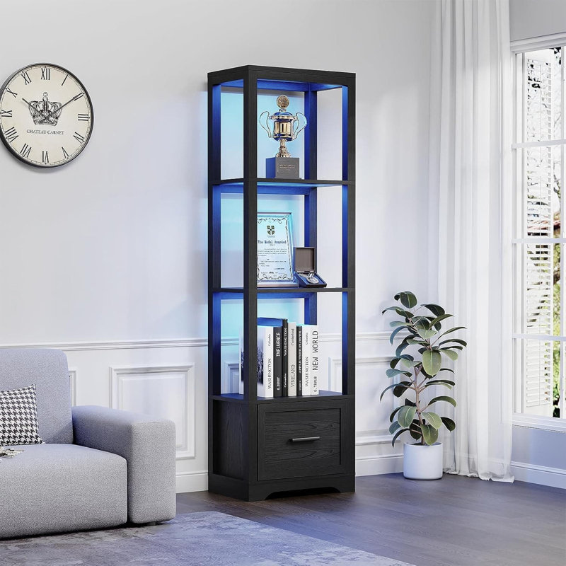 Dimmable Display Cabinet With 3-Color LED Lights & Motion Sensor, Bookshelf With Drawer For Collectibles, Trophies, Toys, And Books