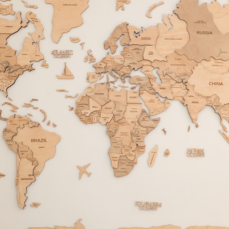 3D Wooden World Map Gold