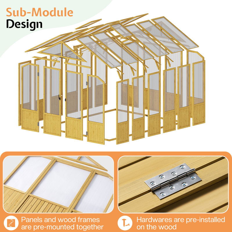 8' x 9.5' x 7.5' Wooden Greenhouse, Pre-Assembled Solid Cedar Frame, Walk-In Design with Lockable Door and Adjustable Roof Vents, Polycarbonate Panels for Outdoor Garden & Backyard