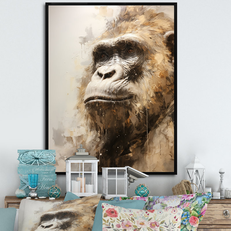 Portrait de gorille beige II sur toile, Cadre flottant noir, H 32 po x l 16 po x P 1 po