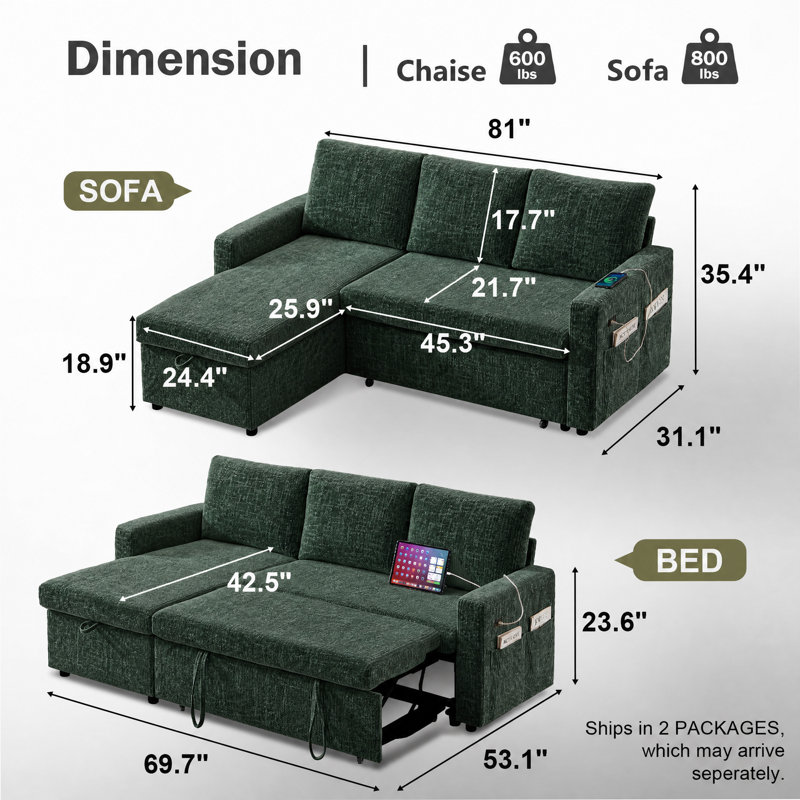 81" Sleeper Sofa Couch With Pullout Bed, Convertible Sleeper Sectional For Living Room, Comfortable Modular Couchs With Storage