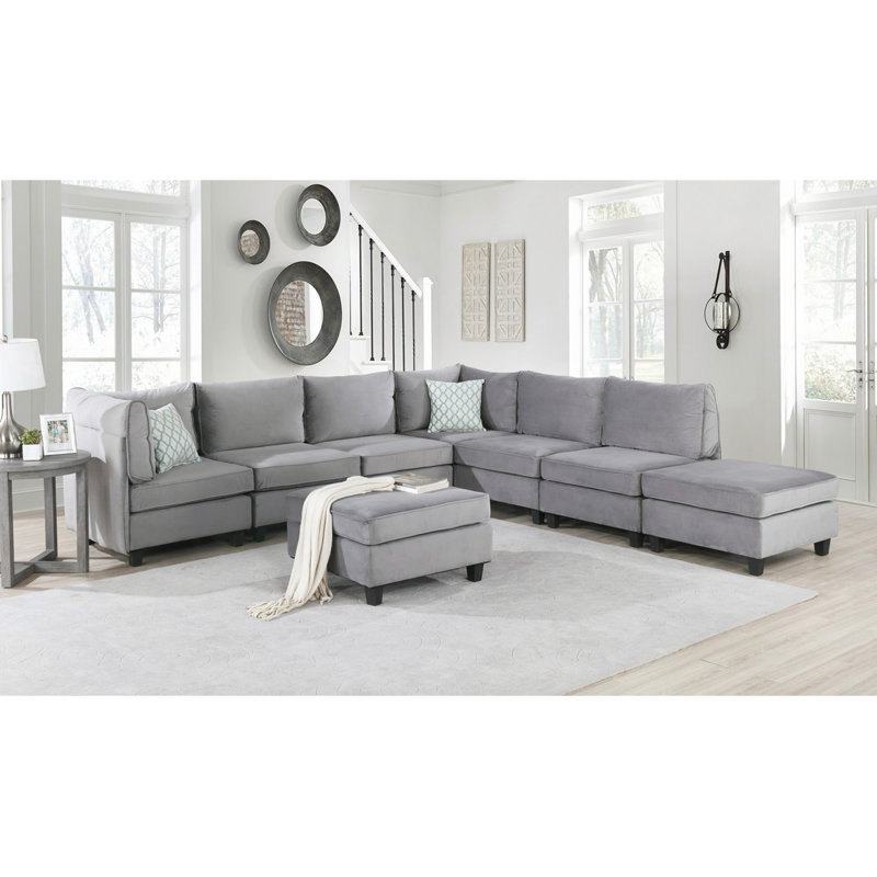 Sectional Sofa, 120" Modular Sectional Sofa, 8-Piece Grey Velvet, Modern Configurable Layout