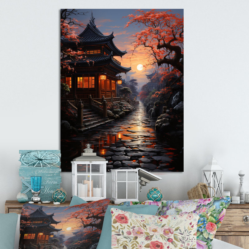 Japon Art Shrine At Twilight I - Décoration murale japonaise en métal, H 32 po x l 24 po x P 1 po