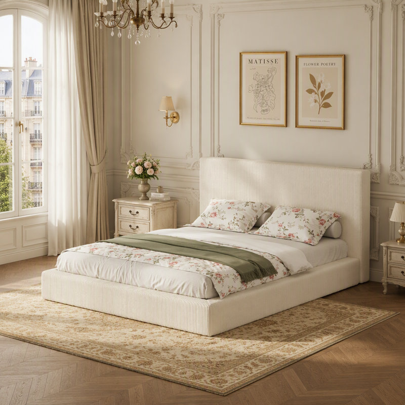 Lit rembourré en velours côtelé doux avec éponge haute densité, Grand lit