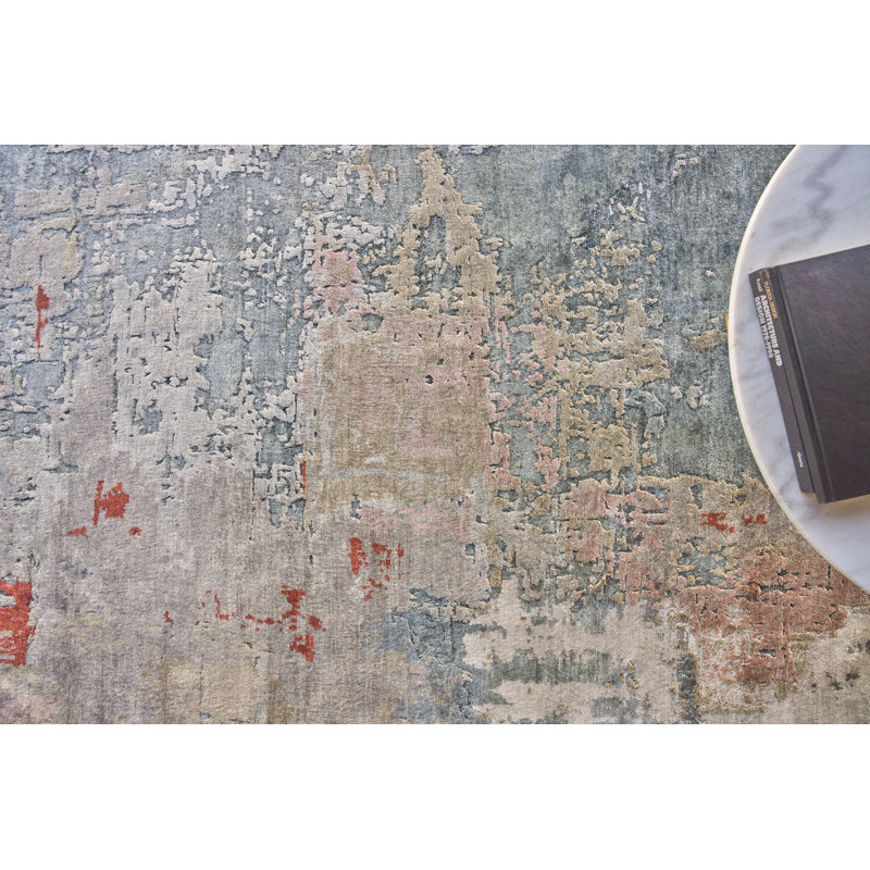 Laureno Hand Knotted Silk Abstract Area Rug in Blue, Rectangle 8' x 10'