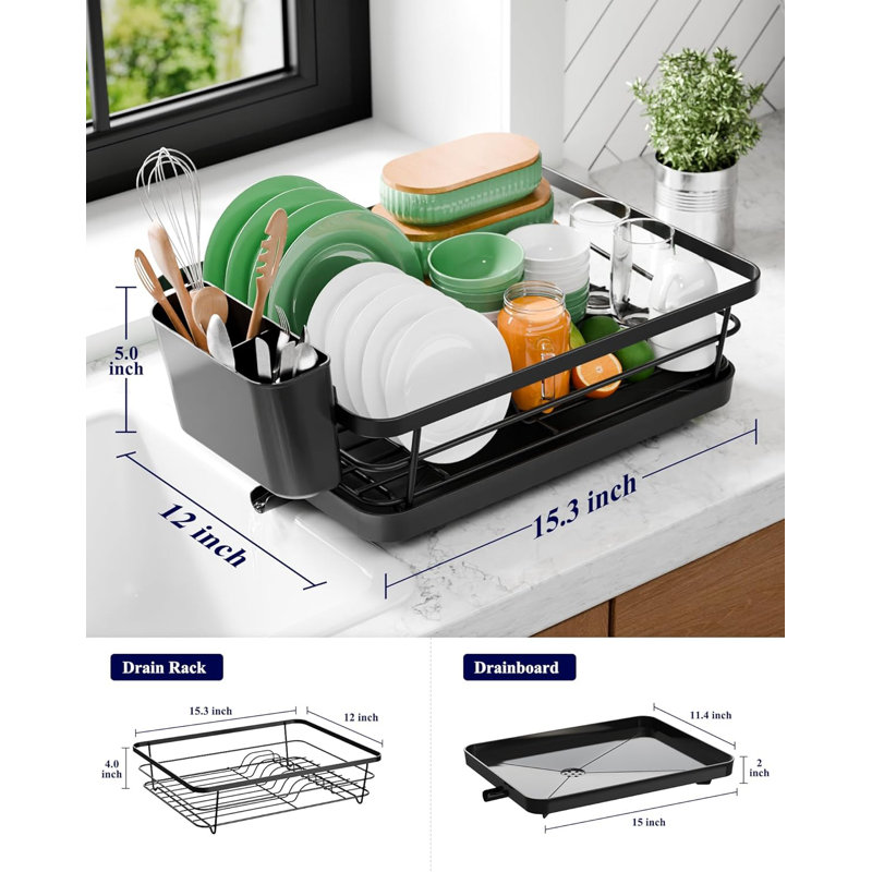 Compact Dish Drying Rack With Utensil Holder & Adjustable Drain Spout, Rust-Proof Kitchen Counter Organizer For Efficient Space Saving