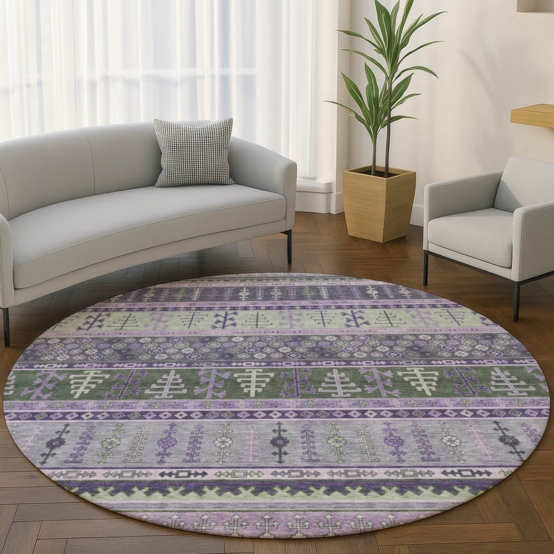 Premium Machine Washable Mayfield AMF2160 Striped Rug, Round 8', Purple