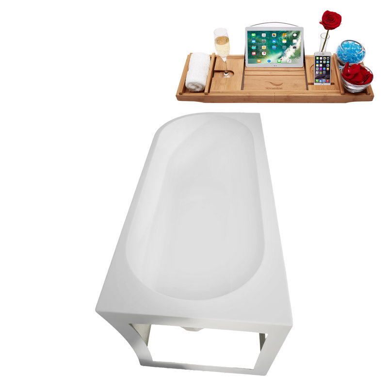 67" Streamline Soaking Freestanding Tub and Tray With Internal Drain, Polished Brass