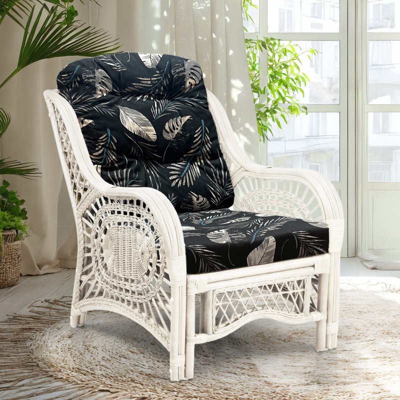 Agambir 28 inches Wide Tufted Velvet Armchair, Natural Rattan, White, Black Leaf