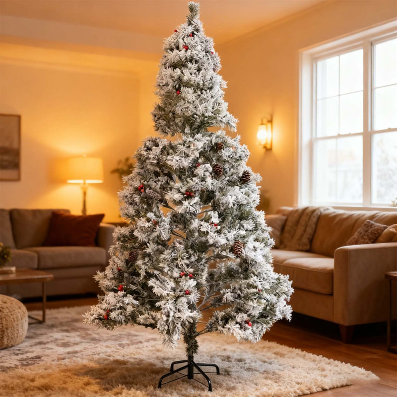 Arbre de Noël pré-éclairé enneigé 6 pi avec 350 lumières, 876 branches en PVC et support pliable pour la décoration de Noël