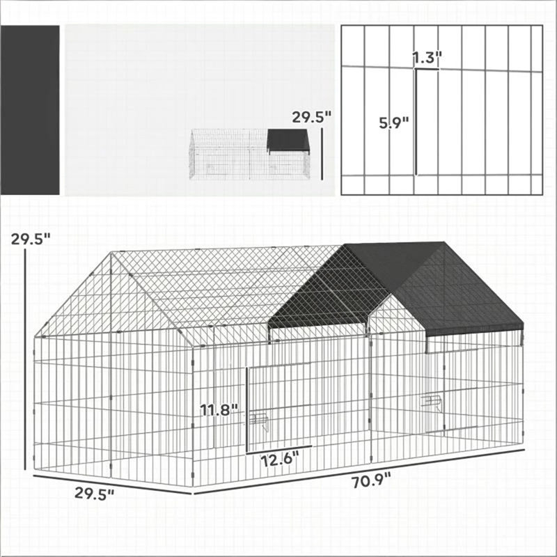 Cage à poulailler cage à petits animaux, H 29,51 po x l 70,91 po x P 29,51 po, Noir / argenté