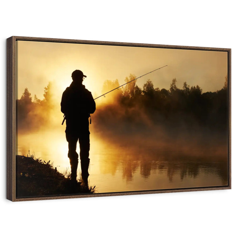 Pêche sur une berge brumeuse, 13 po x 9 po, Cadre flottant noyer