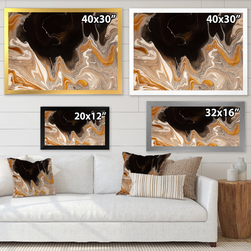 Vagues de marbre brun et noir - Peinture sur toile, Cadre doré à coins fermés, H 34 po x l 44 po