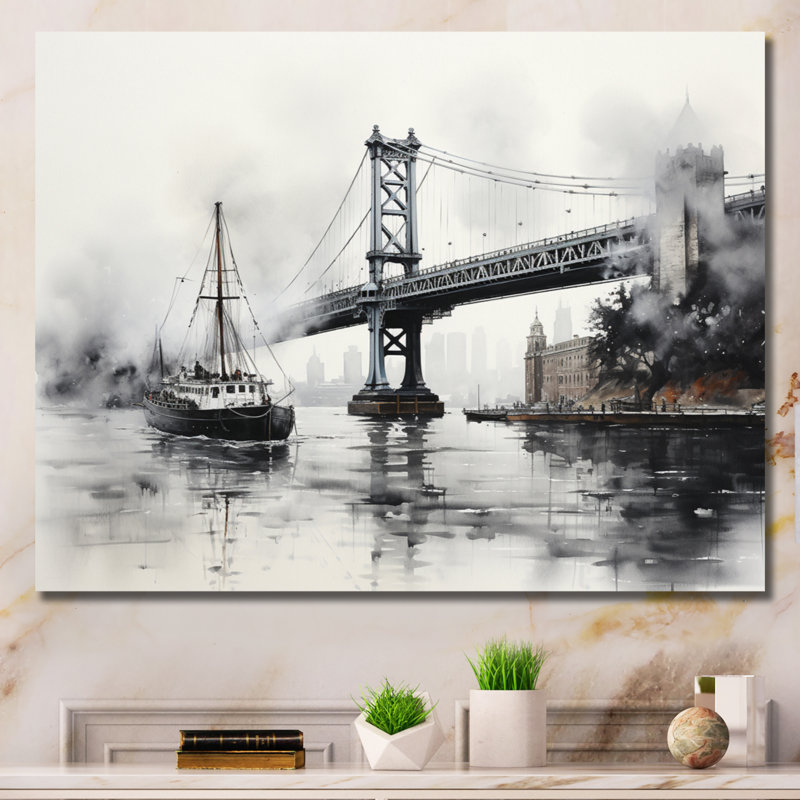 " Grey Bridge Urban Suspension III ", Wrapped Canvas, 12" H x 20" W x 1" D