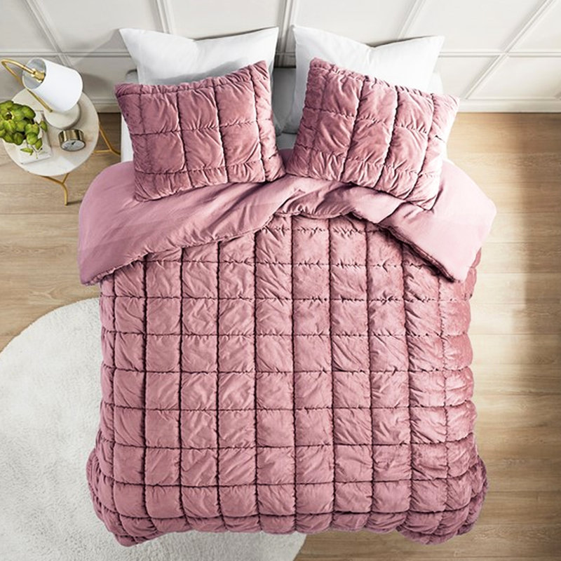 Édredon 3 pièces pour très grand lit - édredon en velours, intérieur en microfibre, nuage 3D en forme de nuage, velours rose, revers, matelassage matelassé, literie chaude,