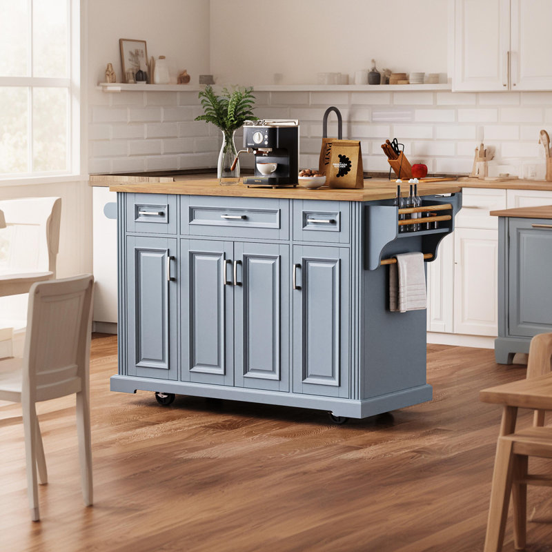 54-Inch Rubberwood Folding Side, Embossed Texture Kitchen Cart With Wheels, 4 Doors, 3 Drawers With Storage, Gray