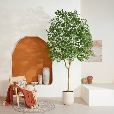 Grand figuier figuier artificiel de 7 pi à 10 pi dans un pot de fleurs en forme de U - Ficus en pot ultra luxuriant avec texture de bois naturel pour les hauts plafonds, les halls d'entrée et la décoration intérieure moderne