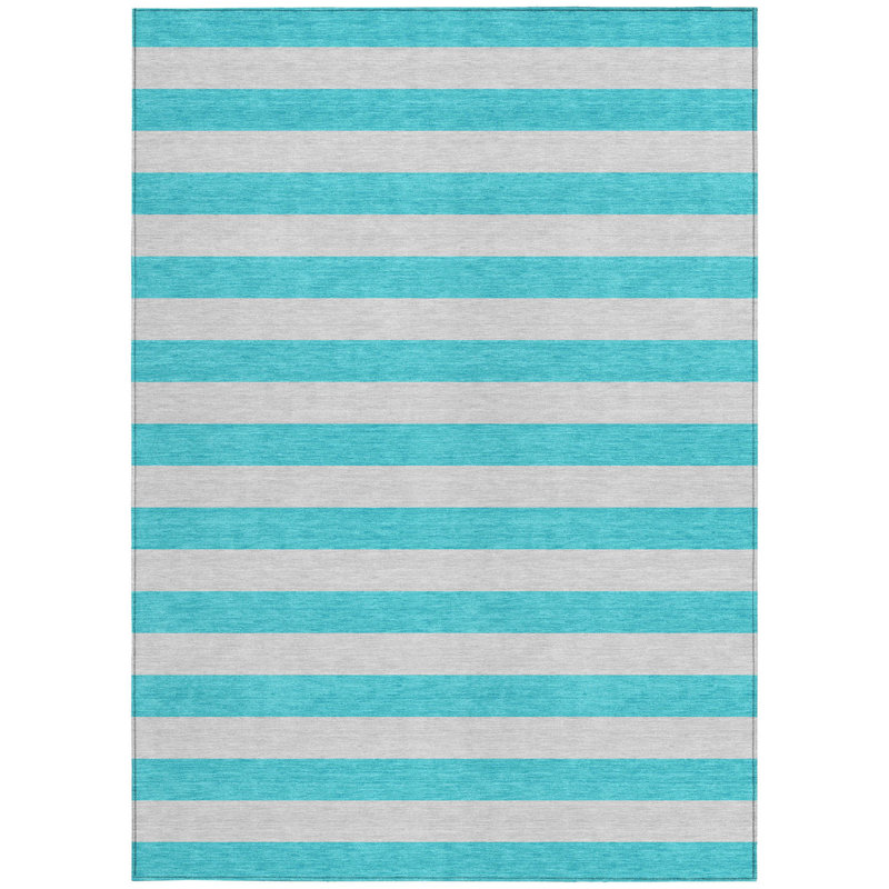 Tapis extérieur lavable antidérapant à rayures turquoise 5 pi x 8 pi