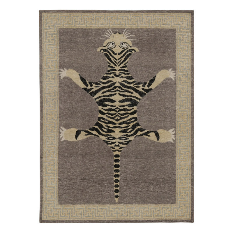 Rug & Kilim’S Distressed Tiger Rug In Taupe-Brown With Beige And Black Pictorial