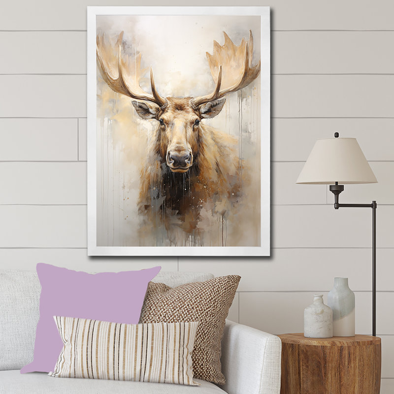 Beige And Gold Moose Portrait, 40" H x 30" W x 1.5" D, White Single Picture Framed