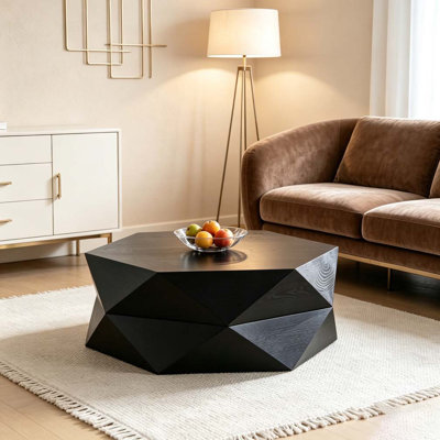 Table basse 36,61 po style rétro Polygon, table basse cylindrique en placage de bois massif