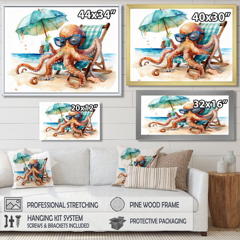 Pieuvre reposant sur une chaise de plage - pieuvre / calmar, Toile avec cadre flottant brun, H 12 po x l 20 po x P 1 po