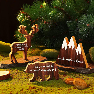 Wooden Mountain Decor Sign – Natural Wood – Woodland Quote Table Accent With Deer And Bear