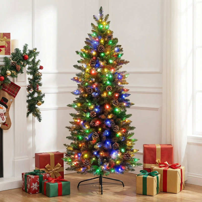 Arbre de Noël artificiel mince illuminé 6 pi avec 250 lumières DEL multicolores - Décoration de Noël peu encombrante
