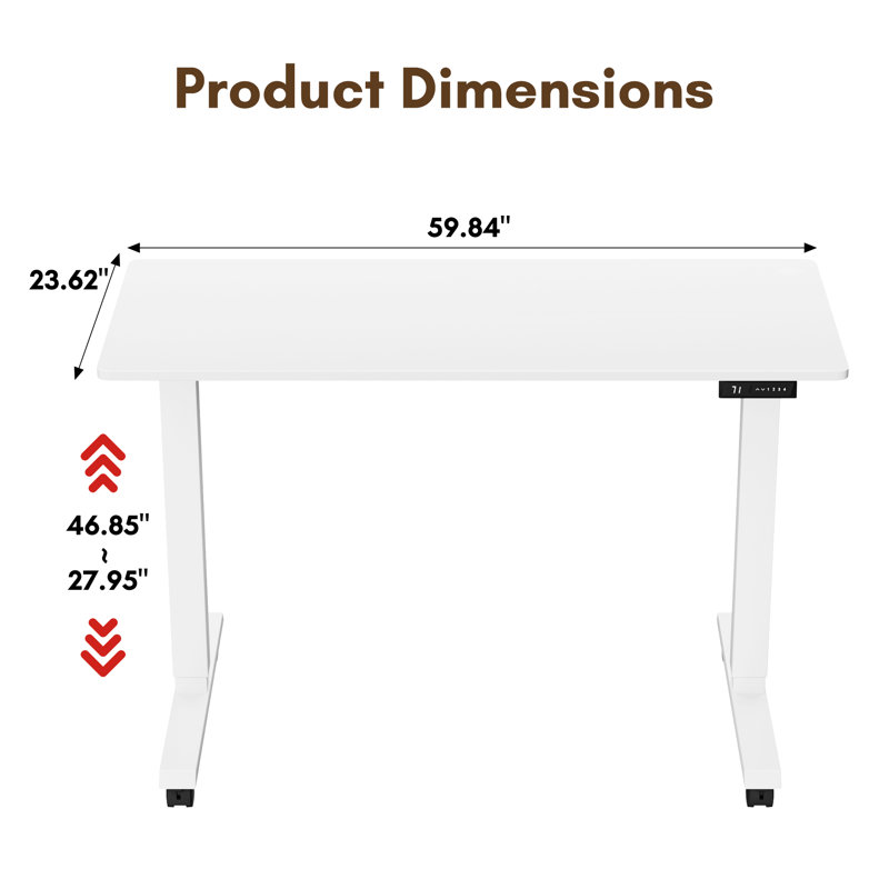 Bureau debout électrique à hauteur ajustable avec 4 roulettes verrouillables, Blanc / blanc, H 27,95 po x l 60 po x P 24 po