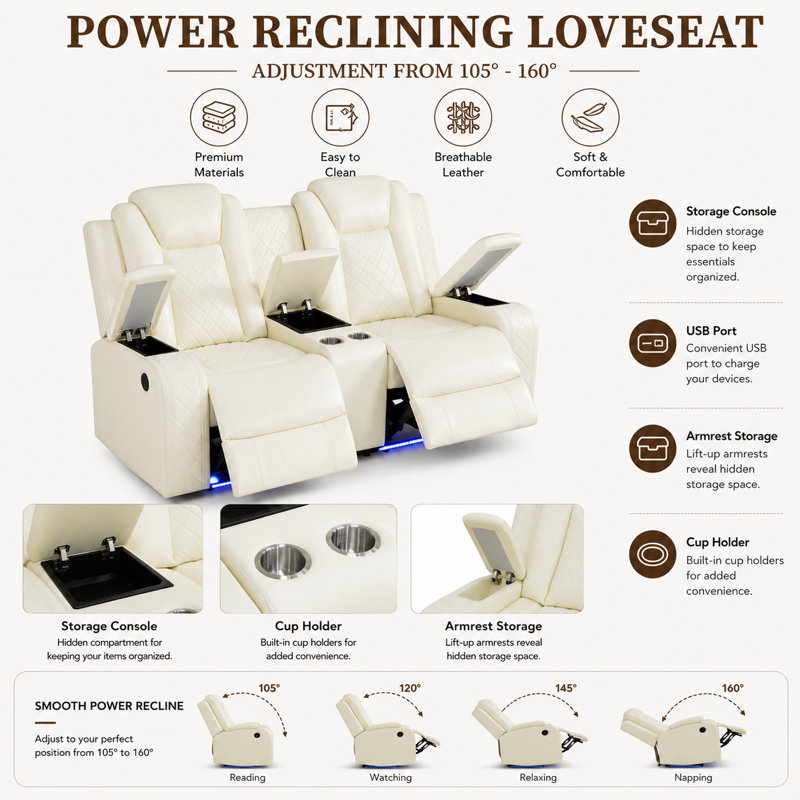 Canapé deux places inclinable électrique Dillard 73,5 po avec console de rangement, porte-gobelets, rangement dissimulé dans l'accoudoir, éclairage DEL bleu et port USB