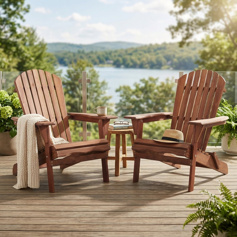 Set of 2 Solid Wood Folding Adirondack Chairs, Outdoor Patio Chairs with Embossed Wood Grain, Weather-Resistant Fire Pit Chairs with Wide Armrests for Backyard, Porch, Lawn & Deck