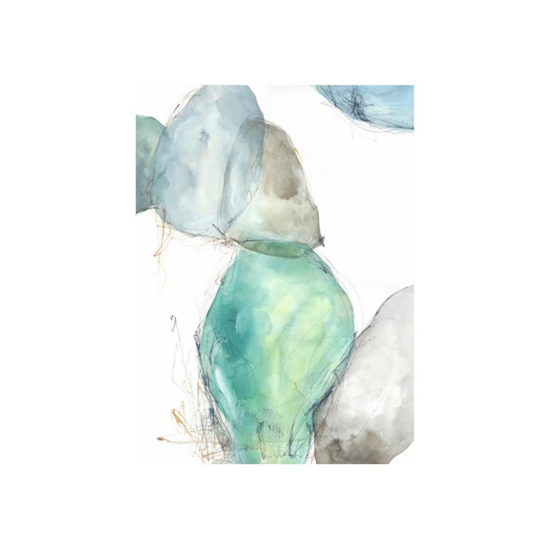 «Blue Pebbles I» par Janice Sadler - peinture sur toile, H 49 po x l 36 po, Couche de verre