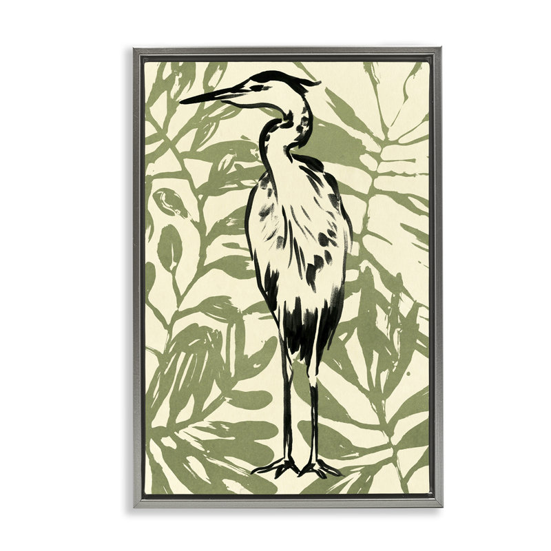 «Wild Heron & Leaves» par June Erica Vess, Cadre flottant gris lustré, H 25 po x l 17 po