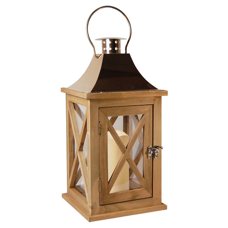 Natural Wood Hanging Lantern with Copper Roof and LED Candle