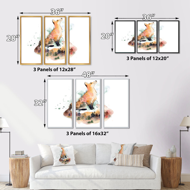 Dessin de renard orange I - ensemble d'art mural sur toile traditionnel encadré de 3, H 32 po x l 48 po x P 1 po, Blanc