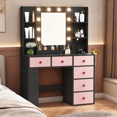 Lighted Vanity Table - 10pcs 3-Color Dimmable Bulbs, 6 Drawers, Power Strip