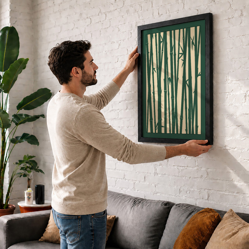 Bamboo in Green Japandi - Framed Print, Black, A3 - 42.0 x 29.7 cm