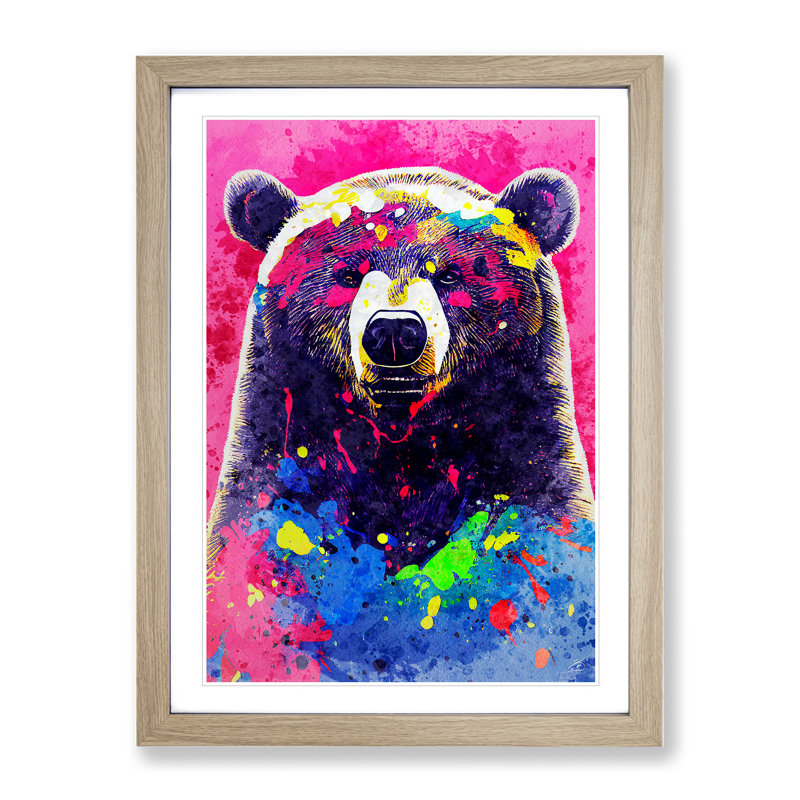 Splashed Bear No.2 Abstract - Wall Art, 66cm H x 48cm W, Oak Framed, White