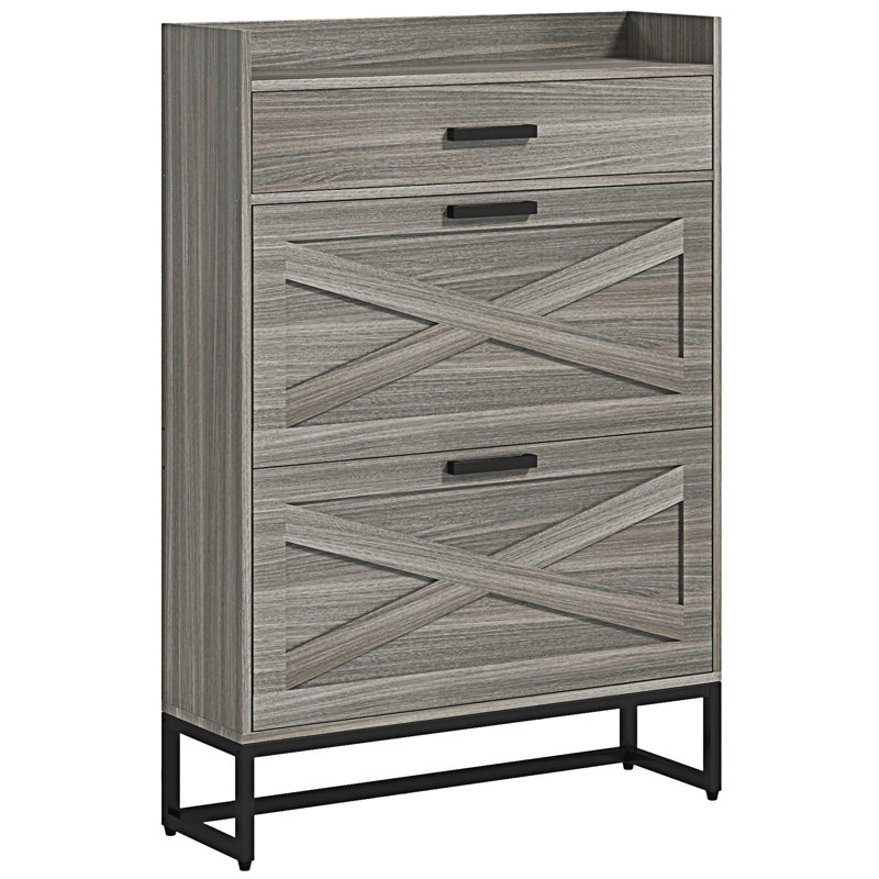 Armoire à chaussures étroite avec 2 portes rabattables et un tiroir supérieur, Gris