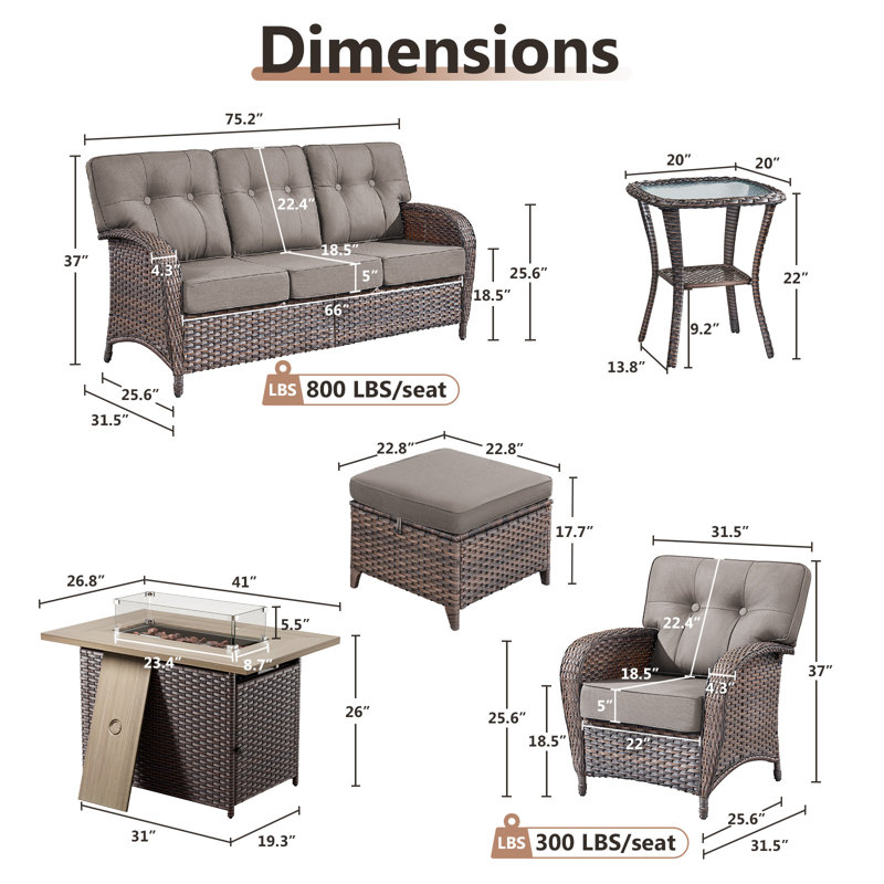 Ensemble de conversation avec coussins en T en rotin pour l'extérieur 5 pièces avec table de foyer d'extérieur Agnes, Gris