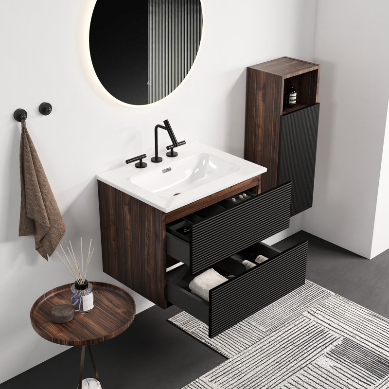 Meuble-lavabo mural noir et noyer avec lavabo en céramique à 3 trous, grands tiroirs de rangement, glissières de fermeture, ensemble de montage pour salle de bain