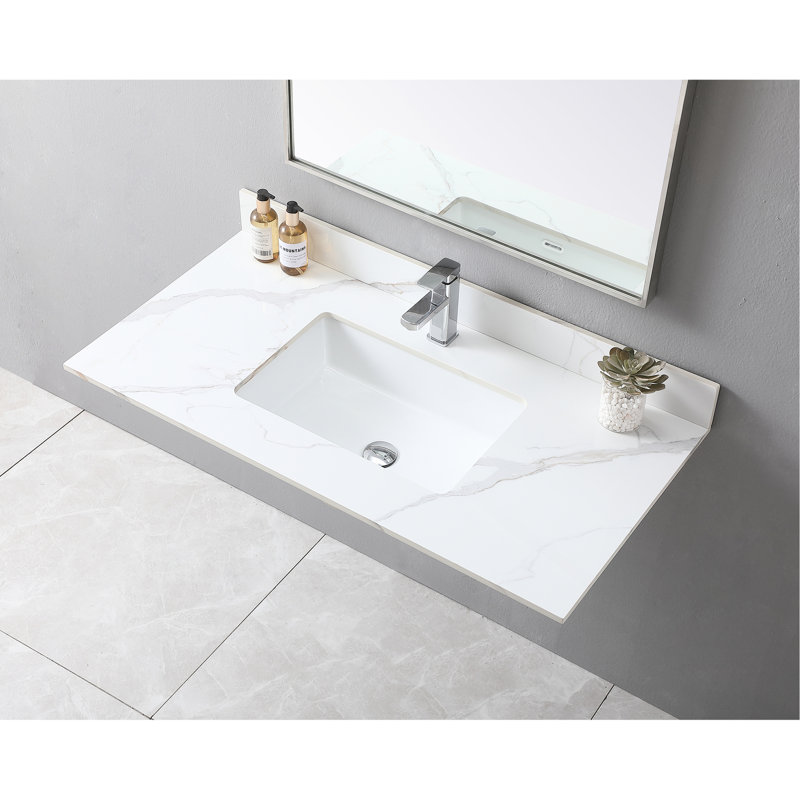 Dessus de meuble-lavabo en pierre frittée de 43 po x 22 po pour salle de bain avec lavabo en céramique et design avant-gardiste
