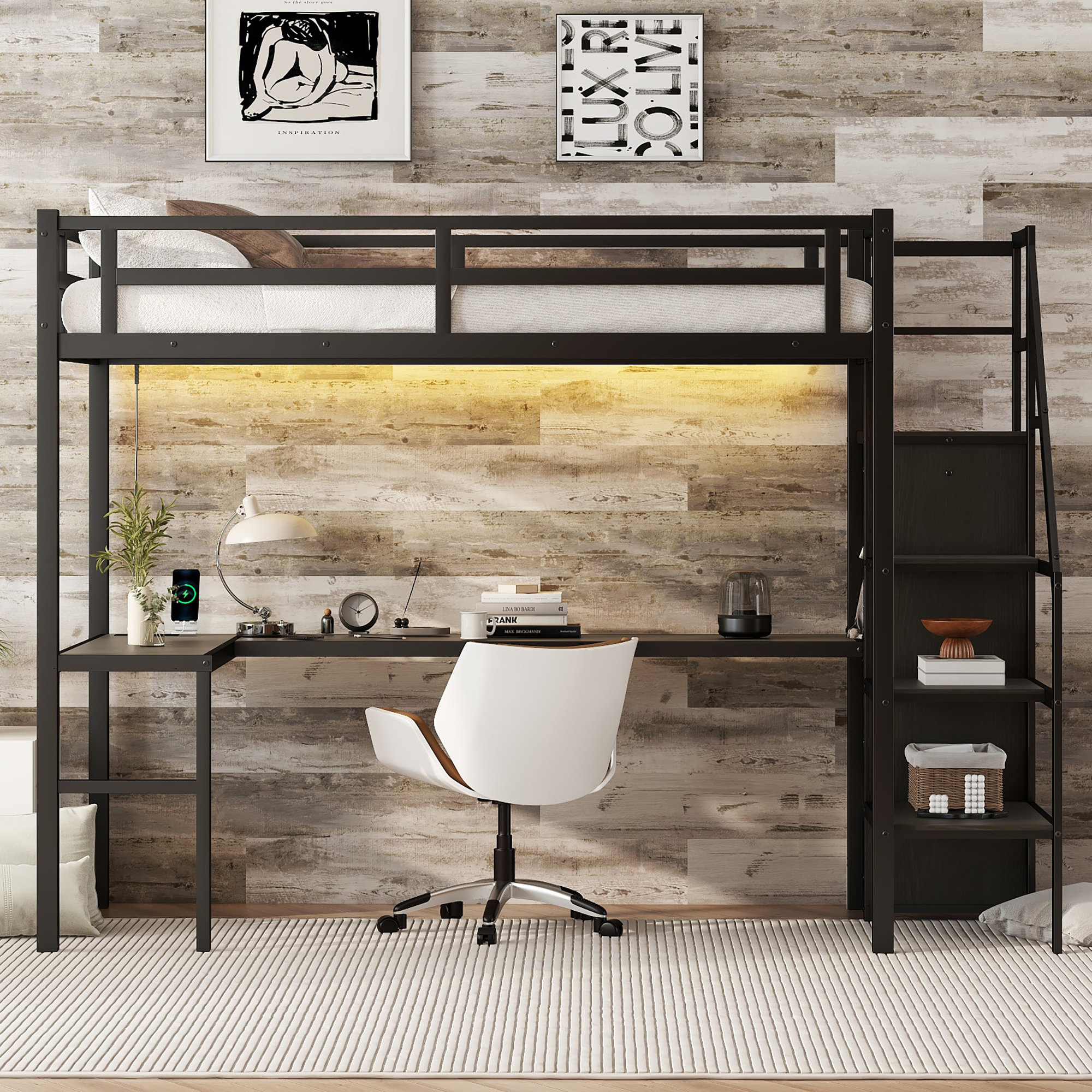 Ivy Bronx Twin XL Size Loft Bed With L-Shaped Desk And USB, Metal Loft ...