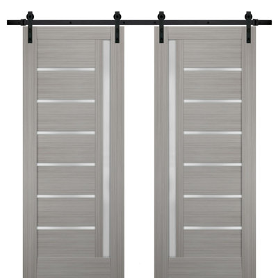 Sturdy Double Barn Door with Frosted Glass Quadro 4088 Ginger Ash 13FT Rail Hangers Heavy Set Solid Panel Interior Doors-36" x 84" (2* 18x84)-Black Rail