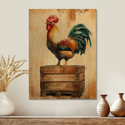 Rooster on Wooden Crate - Farmhouse Wooden Wall Art