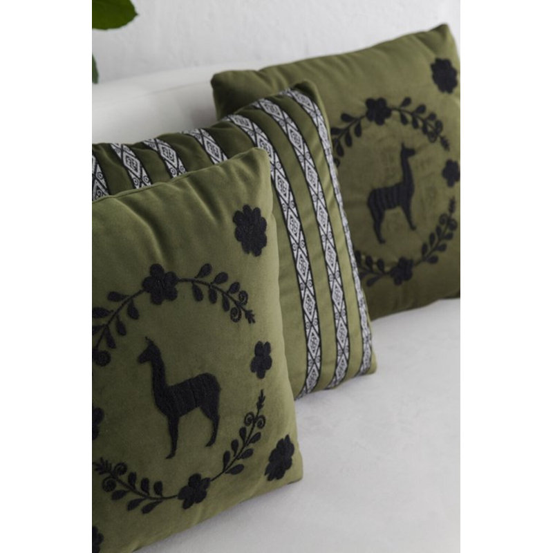 Llama Hand Embroidered Decorative Throw Pillows by Andean, In Stock, Green/Black