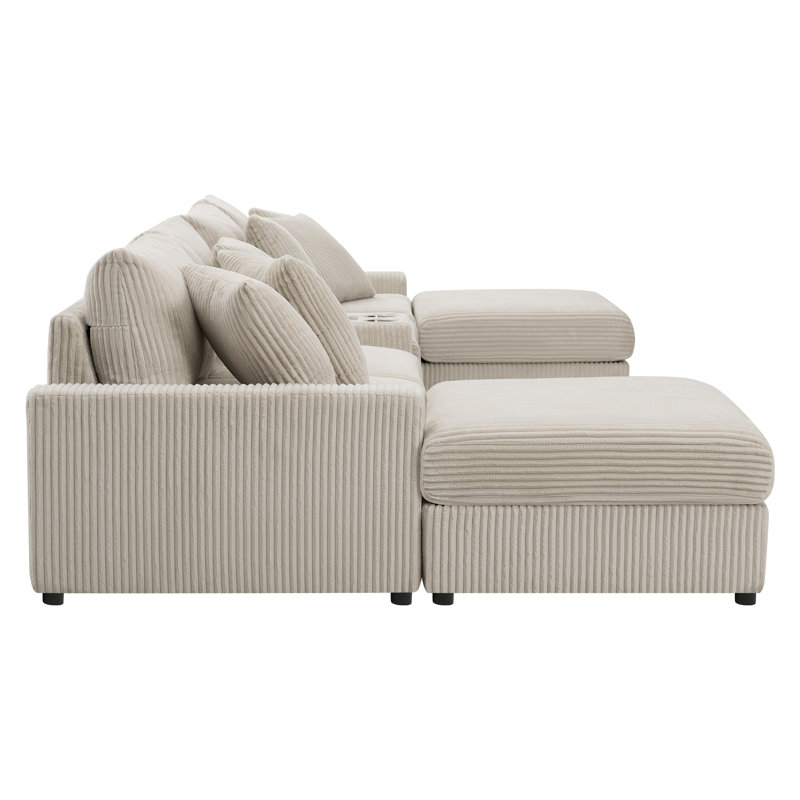Canapé modulaire en velours côtelé avec Bluetooth, chargement USB et repose-pieds Défino, Velours côtelé crème