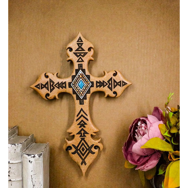 Southwestern Rustic Aztec Vectors Turquoise Diamond Cream Wall Cross Figurine