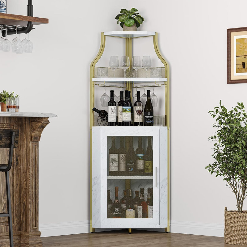 Armoire à vin de coin avec lumières DEL et porte-verre, armoire à 5 niveaux, or, 60.6 18.5 5.1, Doré